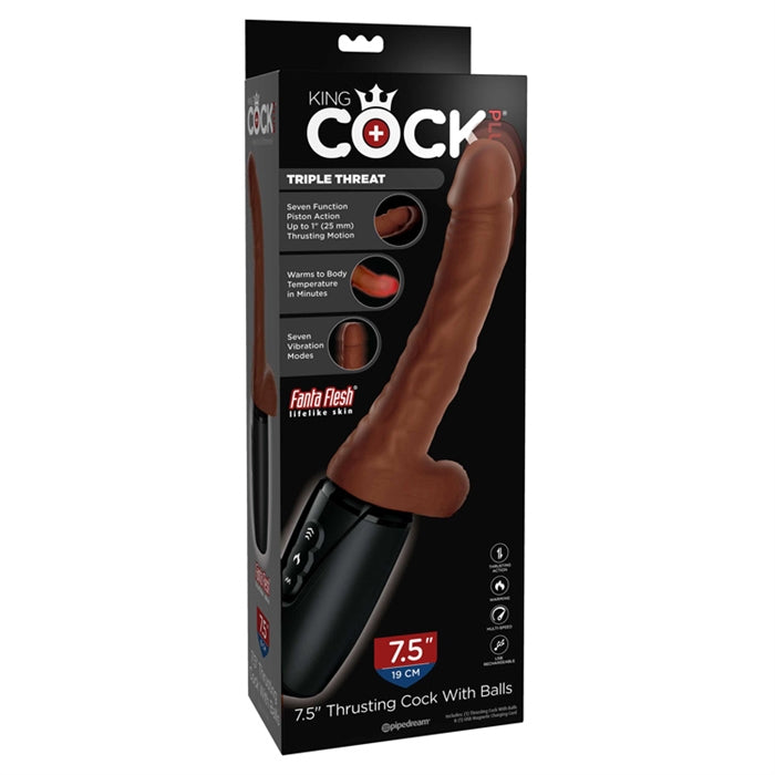 King Cock 7.5" Thrusting Cock With Balls - Brown